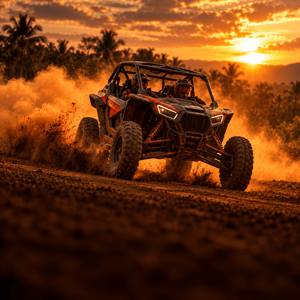 UTV off-road levantando poeira em estrada de terra