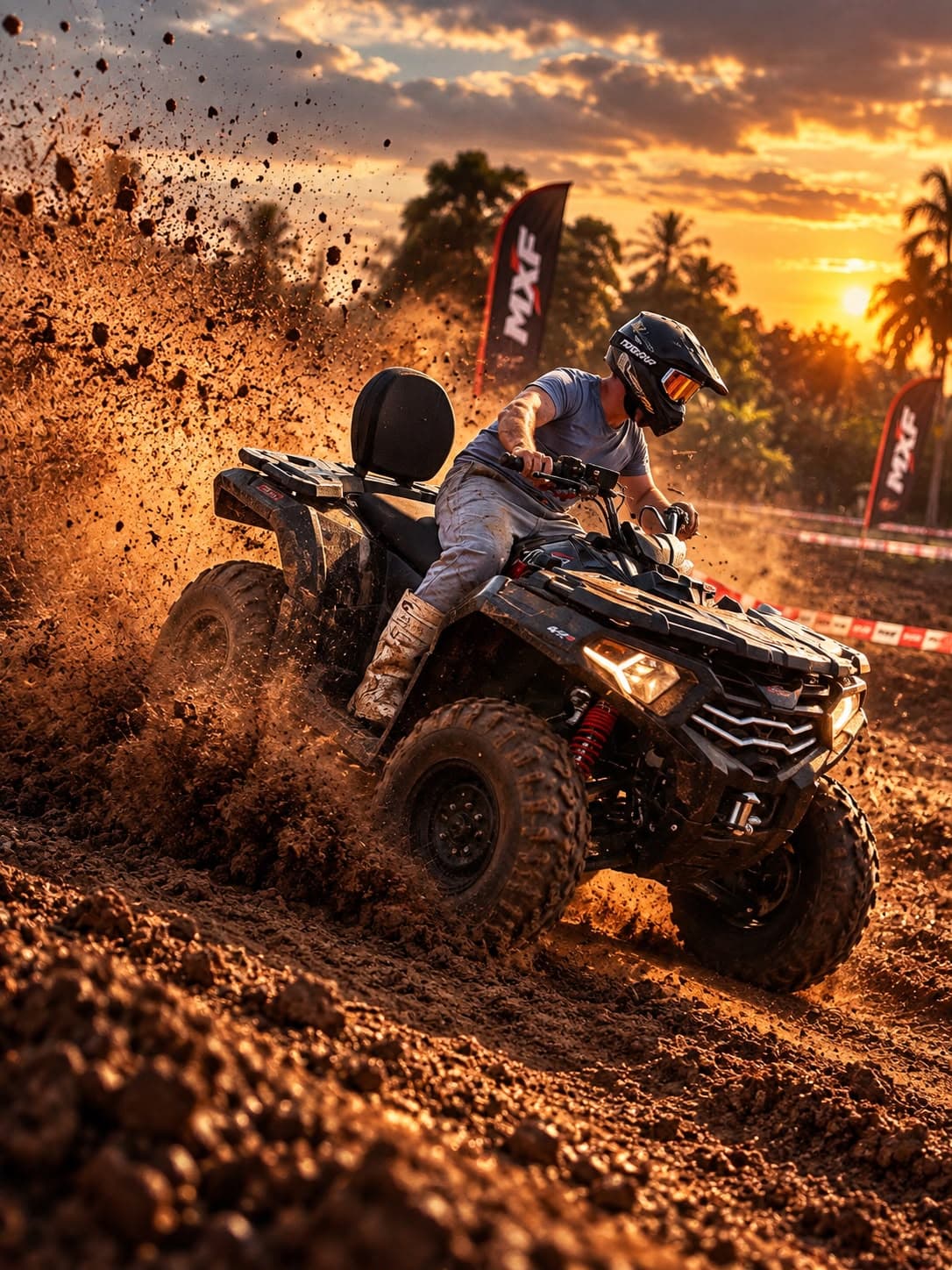 Quadriciclo levantando terra em curva na pista Texas Off Road ao pôr do sol